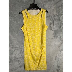 Cache Yellow White Damask Scroll Sheath Dress Cutout Shoulder Ruched Size 14